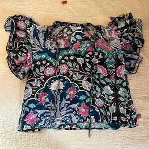 Maria Cher multicolored blouse short sleeve top ruffle sleeves small